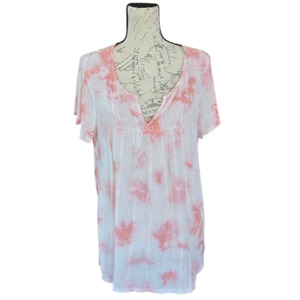 Knox Rose Pink White Tye Dye Short Sleeve Blouse XL